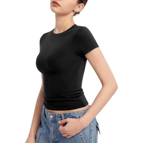 Women's Slim Fit Short Sleeve Tee Nylon Spandex Double Layer Y2K Style - Picture 3 of 7